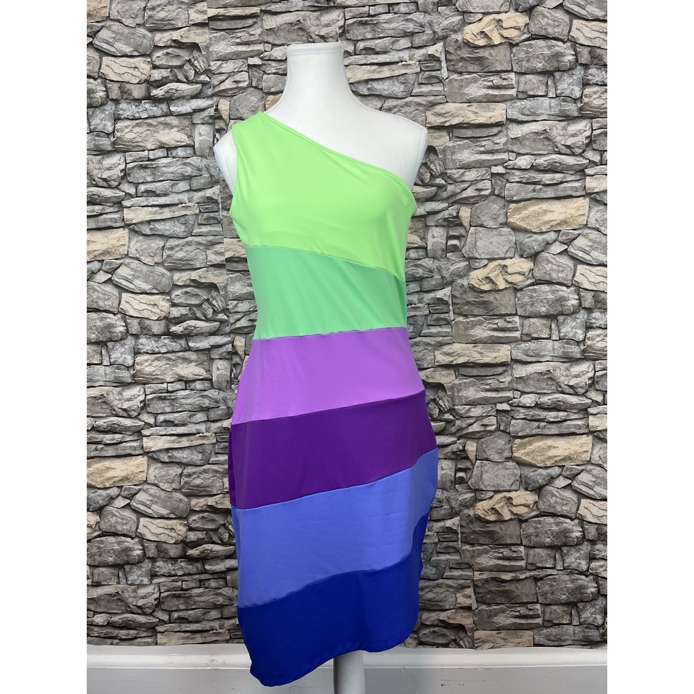 SUSANA MONACO Color Blocked One Shoulder Dress Sz‎ L $218 Bodycon Nylon Spandex